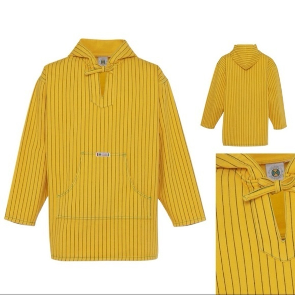 Cross Colours Yellow Black Pinstripe Twill Hooded Denim Poncho Baja Jacket
